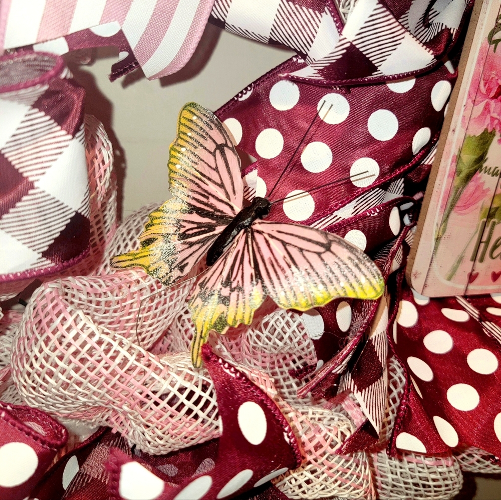Mother Daughter Wreath Deco Mesh Bow Butterflies Pink Burgundy - Picture 3 of 9